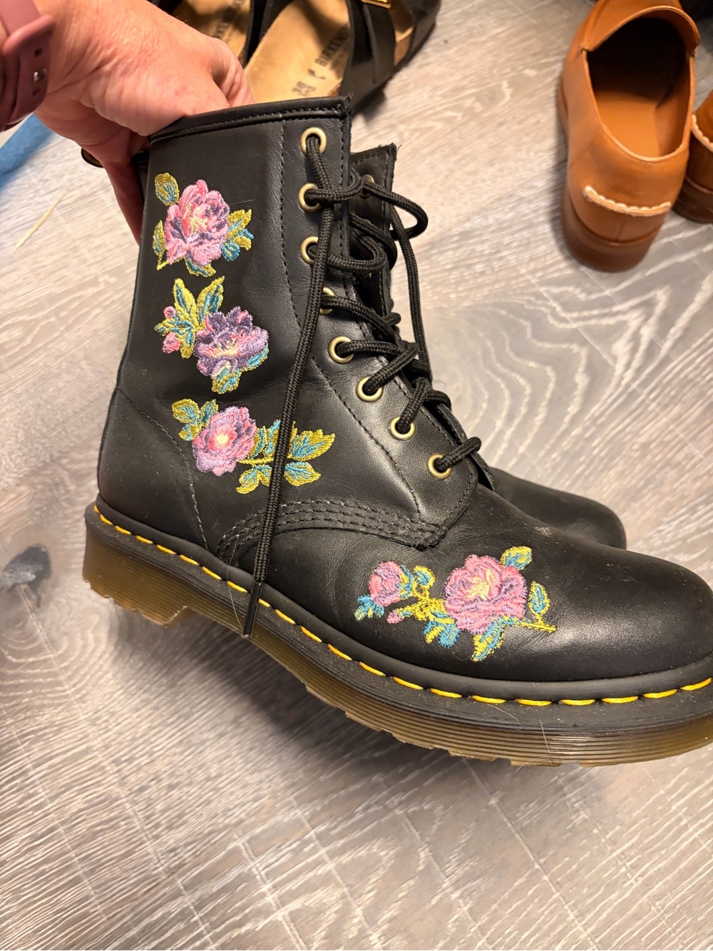 Dr. Martens Black Leather Combat Boots with Pink Floral Embroidery - Picture 6 of 7